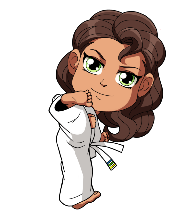 Sabira, one of the Taekwon-Do Heroes, performing a turning kick. She represents perseverance in the Taekwon-Do Kids Program.