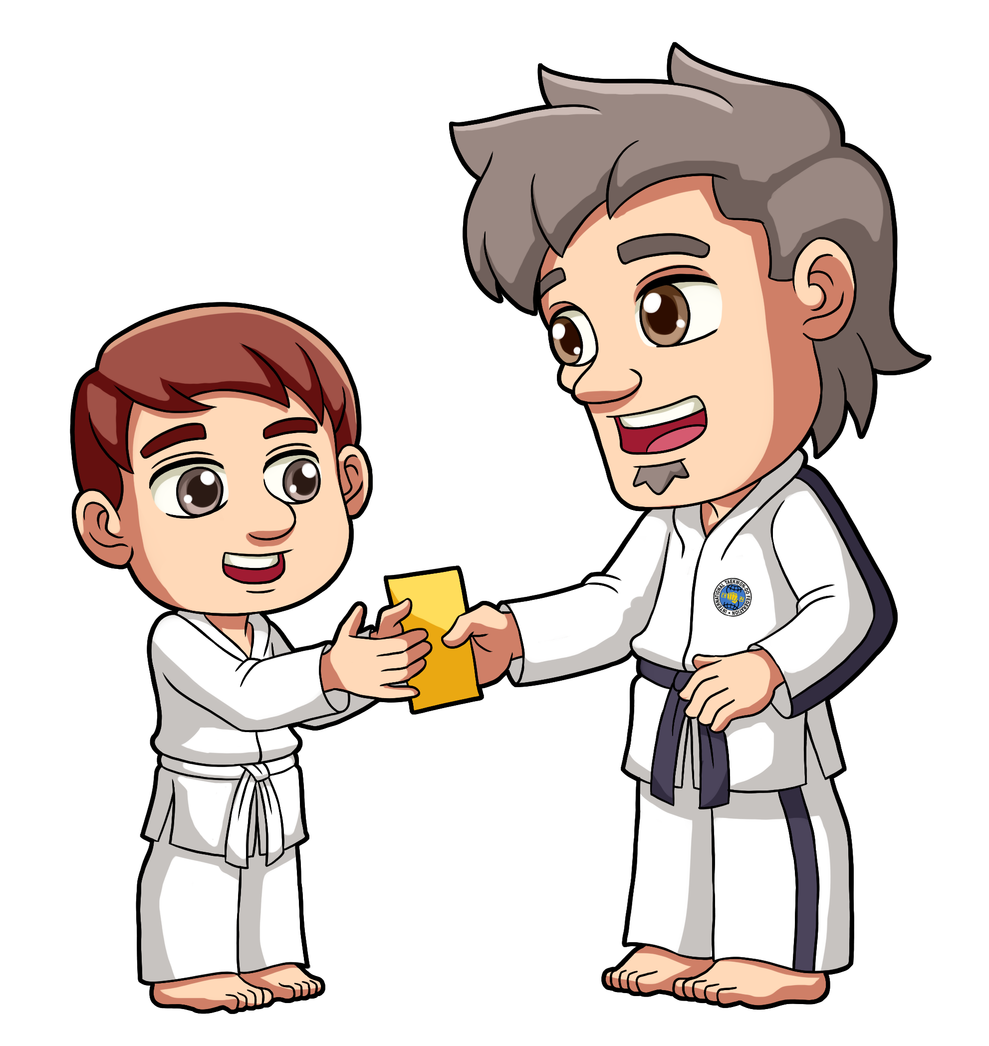 Instructor presenting an award or worksheet to a student, showcasing positive interaction and encouragement in the Taekwon-Do Kids Program.