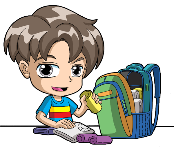 Boy packing his school bag, representing organization and responsibility in the Taekwon-Do Kids Program life skills training