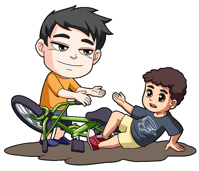 Boy helping a child who fell off a bicycle, symbolizing care, kindness, and the Taekwon-Do attitude of courtesy